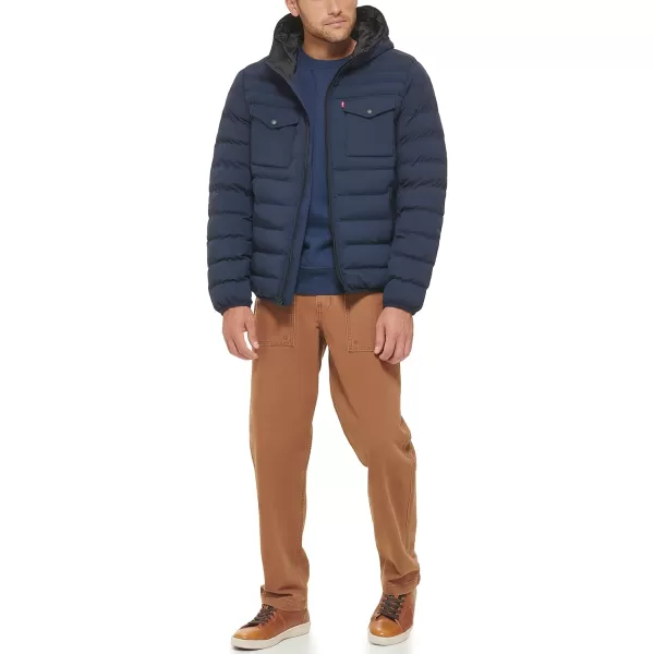 Levis Mens Water Resistant Performance Stretch Hooded Puffer JacketNavy