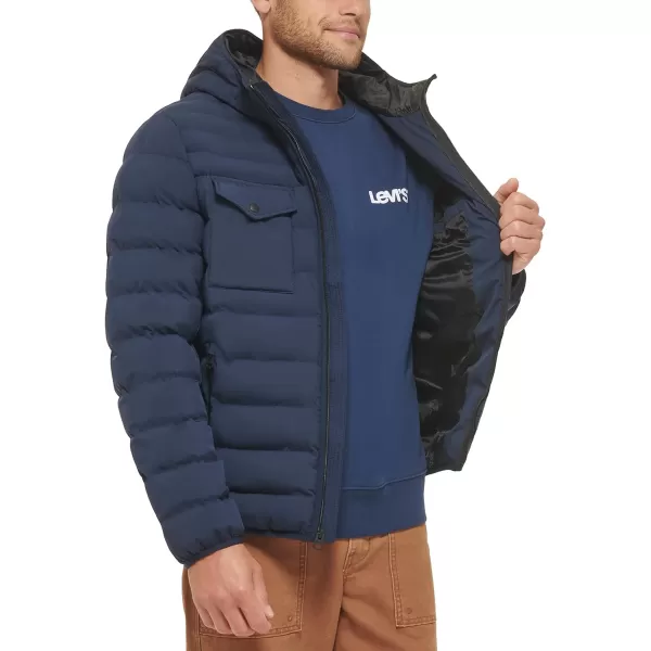 Levis Mens Water Resistant Performance Stretch Hooded Puffer JacketNavy