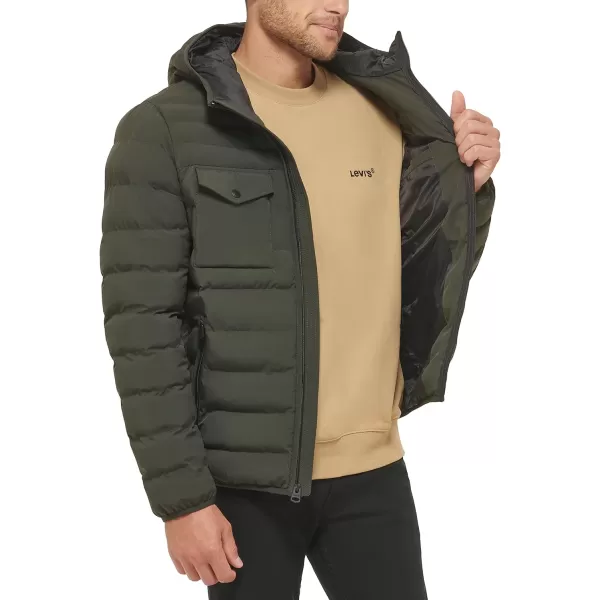 Levis Mens Water Resistant Performance Stretch Hooded Puffer JacketOlive