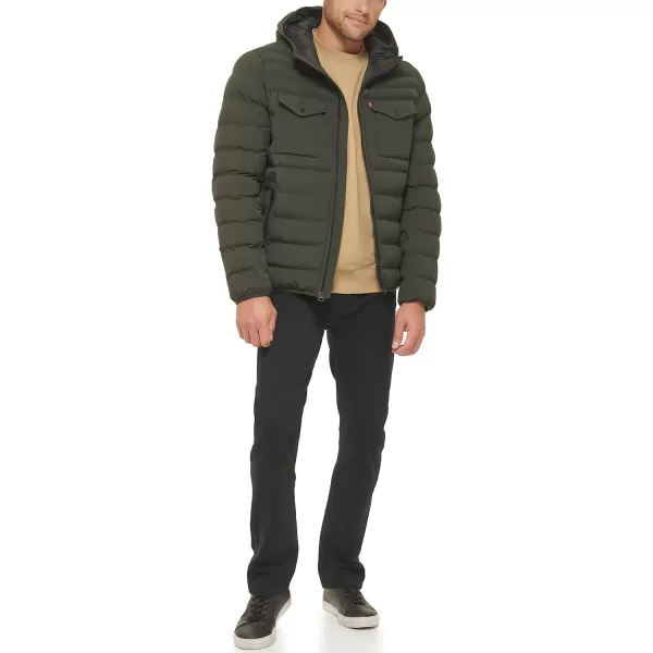 Levis Mens Water Resistant Performance Stretch Hooded Puffer JacketOlive