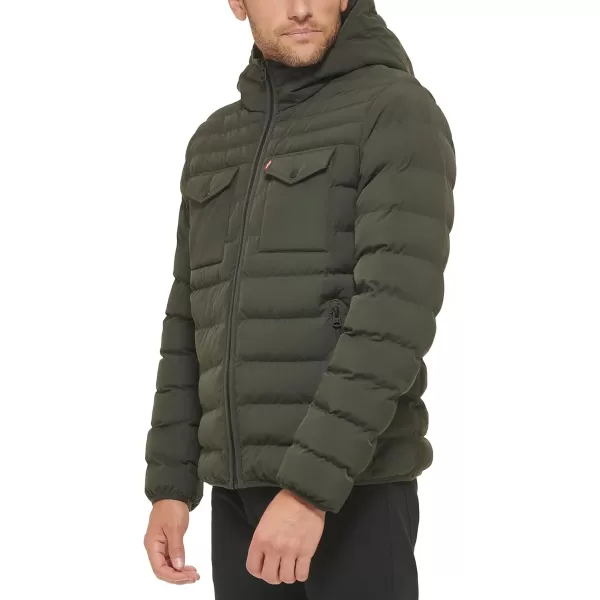 Levis Mens Water Resistant Performance Stretch Hooded Puffer JacketOlive