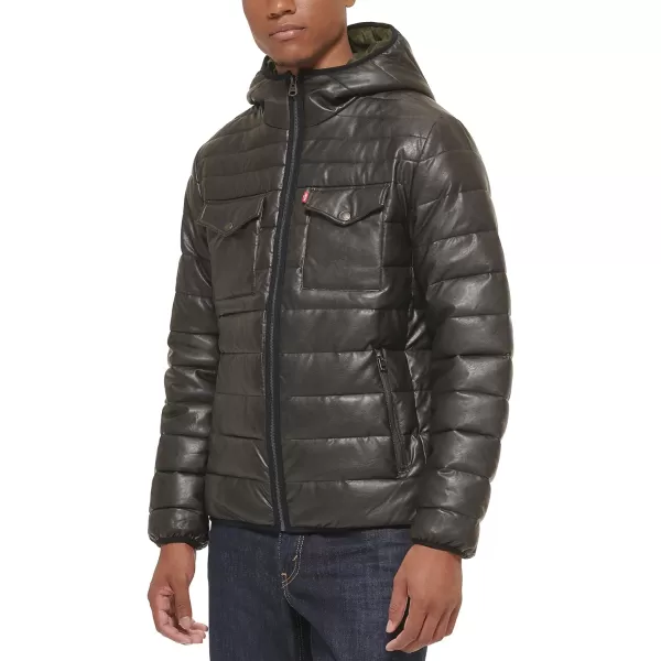 Levis Mens Water Resistant Performance Stretch Hooded Puffer JacketSaddle Faux Leather