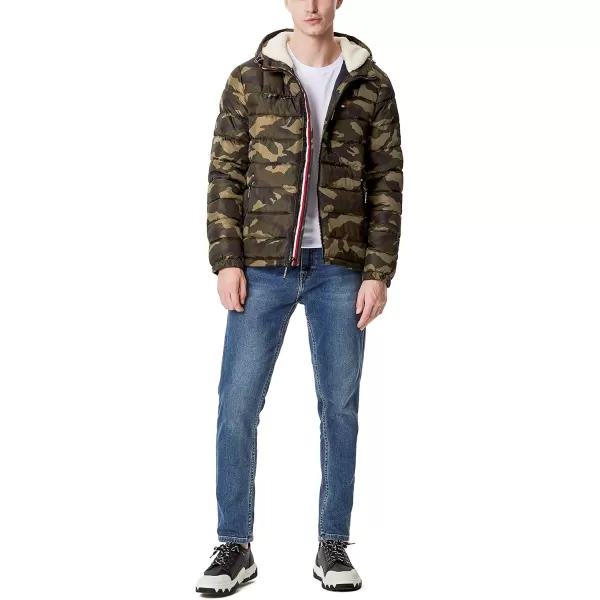 Tommy Hilfiger Mens Midweight Sherpa Lined Hooded Water Resistant Puffer JacketCamouflage