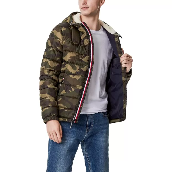 Tommy Hilfiger Mens Midweight Sherpa Lined Hooded Water Resistant Puffer JacketCamouflage