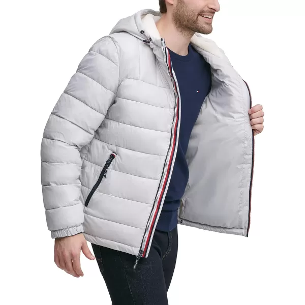 Tommy Hilfiger Mens Midweight Sherpa Lined Hooded Water Resistant Puffer JacketIce