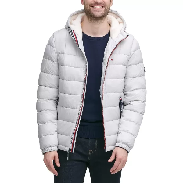 Tommy Hilfiger Mens Midweight Sherpa Lined Hooded Water Resistant Puffer JacketIce