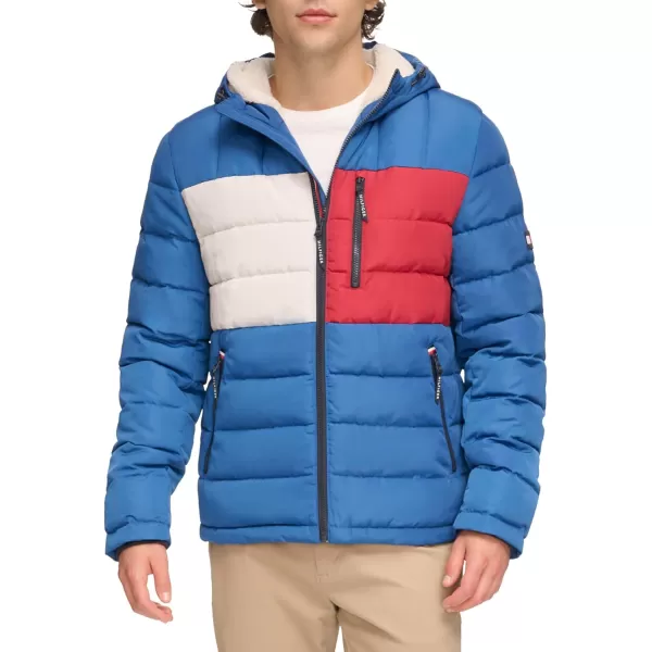 Tommy Hilfiger Mens Midweight Sherpa Lined Hooded Water Resistant Puffer JacketRoyal Blue Flag Print