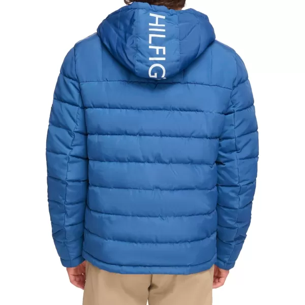 Tommy Hilfiger Mens Midweight Sherpa Lined Hooded Water Resistant Puffer JacketRoyal Blue Flag Print