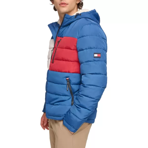 Tommy Hilfiger Mens Midweight Sherpa Lined Hooded Water Resistant Puffer JacketRoyal Blue Flag Print