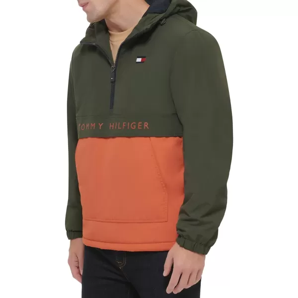 Tommy Hilfiger Mens Performance Fleece Lined Hooded Popover JacketRosinBurnt Orange