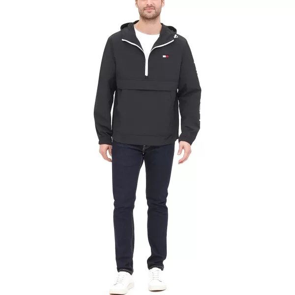 Tommy Hilfiger Mens Retro Lightweight Taslan Hooded Popover Water Resistant Windbreaker JacketBlack