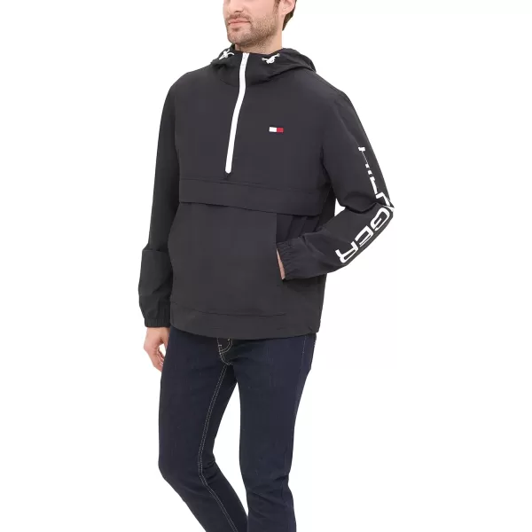 Tommy Hilfiger Mens Retro Lightweight Taslan Hooded Popover Water Resistant Windbreaker JacketBlack