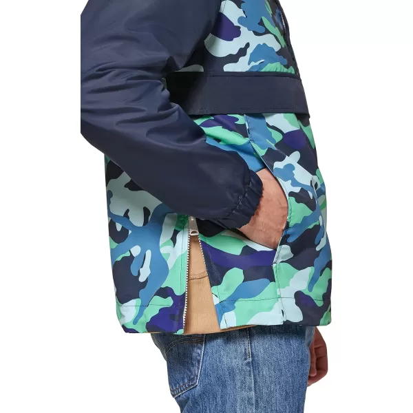 Tommy Hilfiger Mens Retro Lightweight Taslan Hooded Popover Water Resistant Windbreaker JacketBlueGreen Camouflage