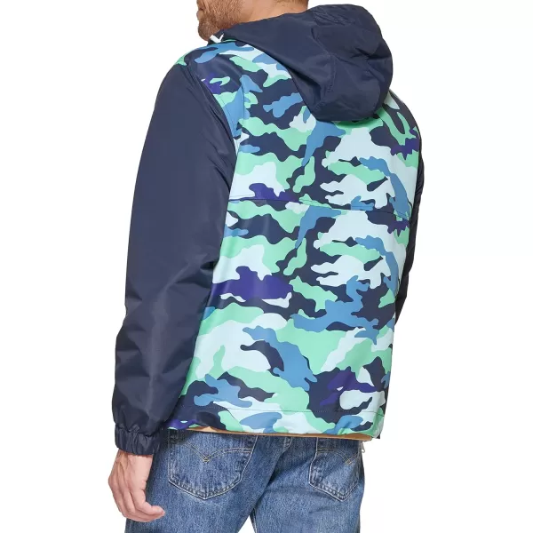 Tommy Hilfiger Mens Retro Lightweight Taslan Hooded Popover Water Resistant Windbreaker JacketBlueGreen Camouflage