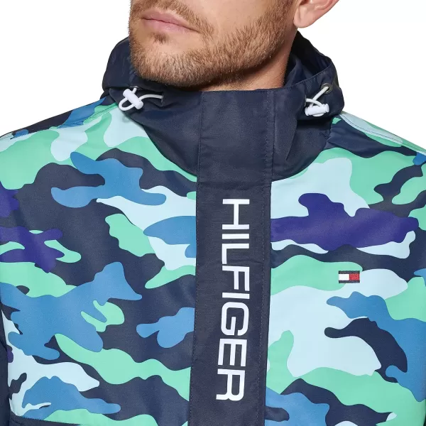 Tommy Hilfiger Mens Retro Lightweight Taslan Hooded Popover Water Resistant Windbreaker JacketBlueGreen Camouflage