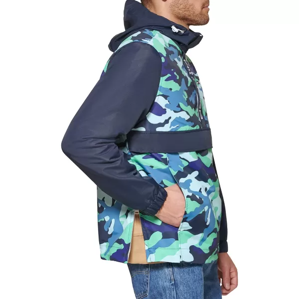 Tommy Hilfiger Mens Retro Lightweight Taslan Hooded Popover Water Resistant Windbreaker JacketBlueGreen Camouflage