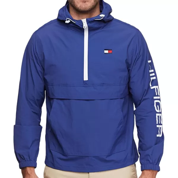 Tommy Hilfiger Mens Retro Lightweight Taslan Hooded Popover Water Resistant Windbreaker JacketNautical Blue