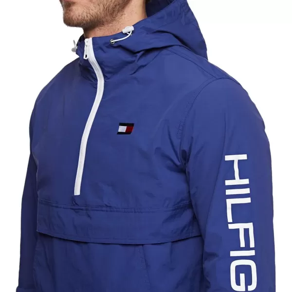 Tommy Hilfiger Mens Retro Lightweight Taslan Hooded Popover Water Resistant Windbreaker JacketNautical Blue