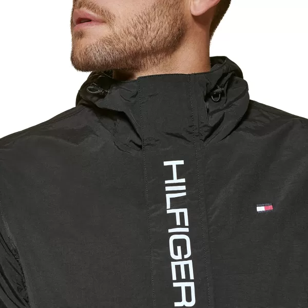 Tommy Hilfiger Mens Retro Lightweight Taslan Hooded Popover Water Resistant Windbreaker JacketNew Black