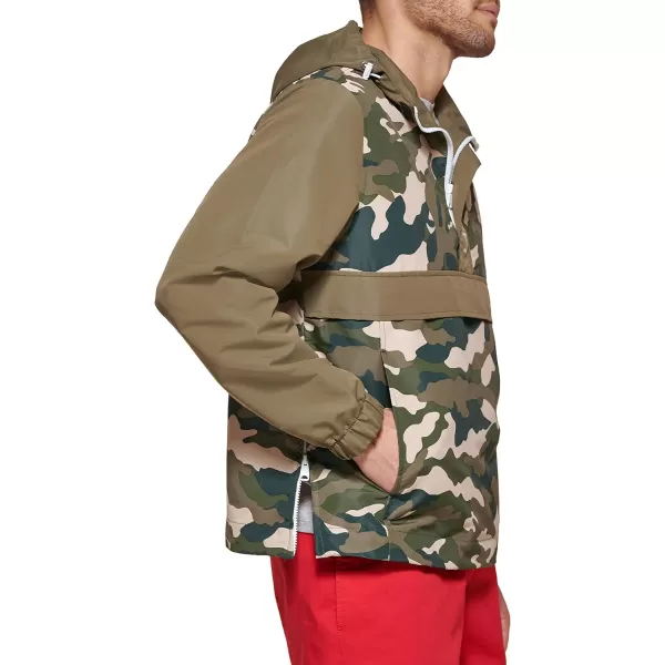 Tommy Hilfiger Mens Retro Lightweight Taslan Hooded Popover Water Resistant Windbreaker JacketNew Camouflage