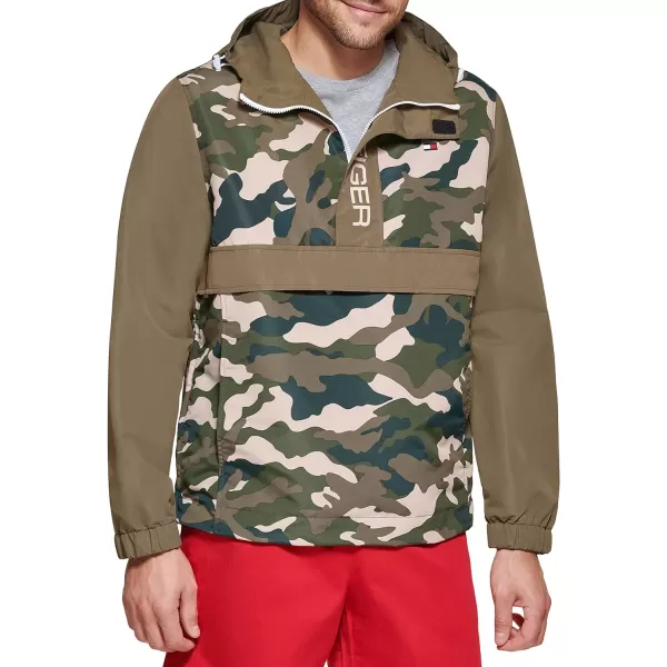 Tommy Hilfiger Mens Retro Lightweight Taslan Hooded Popover Water Resistant Windbreaker JacketNew Camouflage