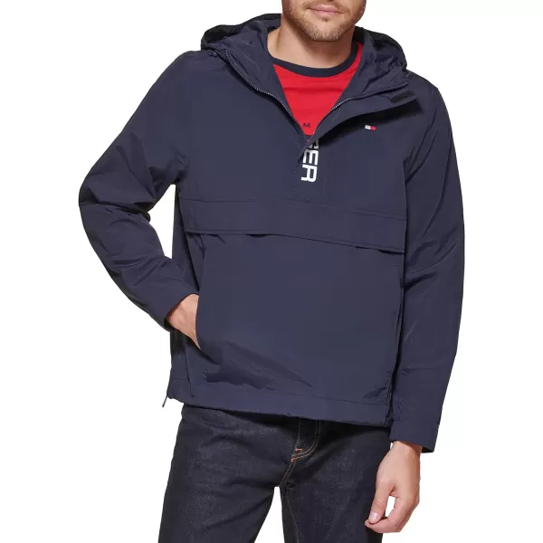 Tommy Hilfiger Mens Retro Lightweight Taslan Hooded Popover Water Resistant Windbreaker JacketNew Navy