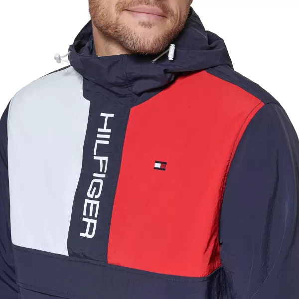 Tommy Hilfiger Mens Retro Lightweight Taslan Hooded Popover Water Resistant Windbreaker JacketNew Navy Flag