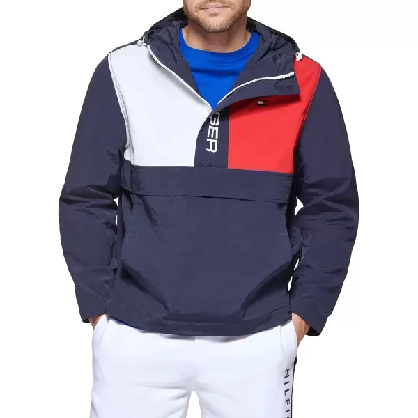 Tommy Hilfiger Mens Retro Lightweight Taslan Hooded Popover Water Resistant Windbreaker JacketNew Navy Flag