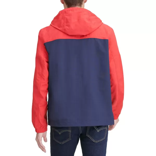 Tommy Hilfiger Mens Retro Lightweight Taslan Hooded Popover Water Resistant Windbreaker JacketRedNavy Color Block