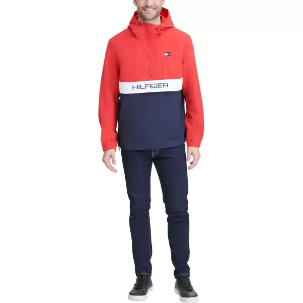 Tommy Hilfiger Mens Retro Lightweight Taslan Hooded Popover Water Resistant Windbreaker JacketRedNavy Color Block