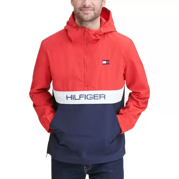 Tommy Hilfiger Mens Retro Lightweight Taslan Hooded Popover Water Resistant Windbreaker JacketRedNavy Color Block