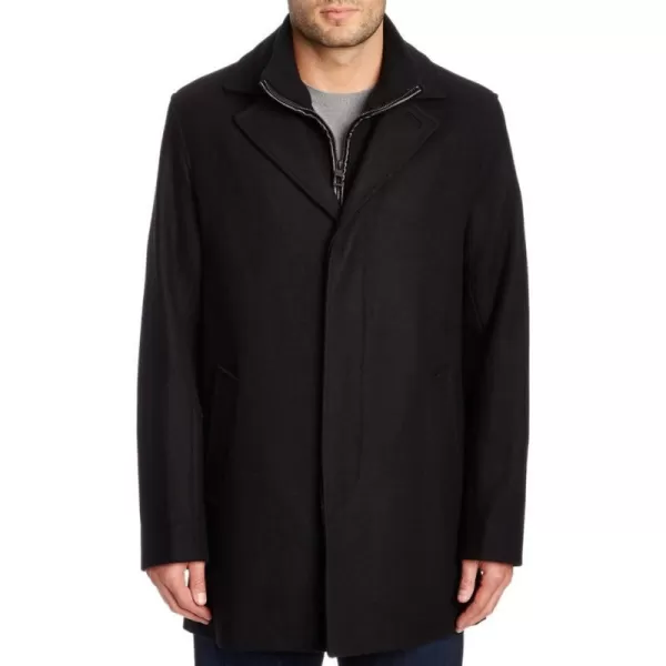 Cole Haan Mens Classic Melton Top Coat with Faux Leather DetailsBlack