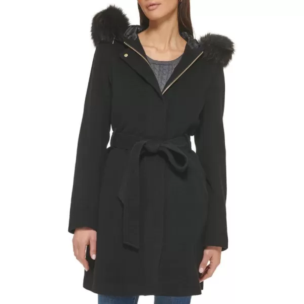 Cole Haan Womens Hooded Coat Slick Wool with Detatchable Faux Fur TrimBlack