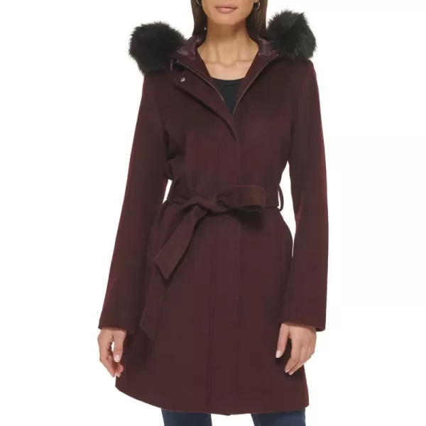 Cole Haan Womens Hooded Coat Slick Wool with Detatchable Faux Fur TrimBordeaux