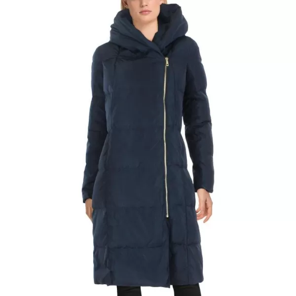 Cole Haan Womens Taffeta Down Coat With Bib Front and Dramatic HoodNavy