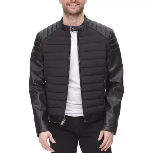 DKNY Mens Mixed Media Faux Leather Puffer Motocros Racer JacketBlack