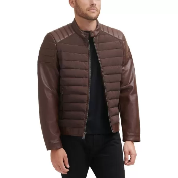 DKNY Mens Mixed Media Faux Leather Puffer Motocros Racer JacketBrown