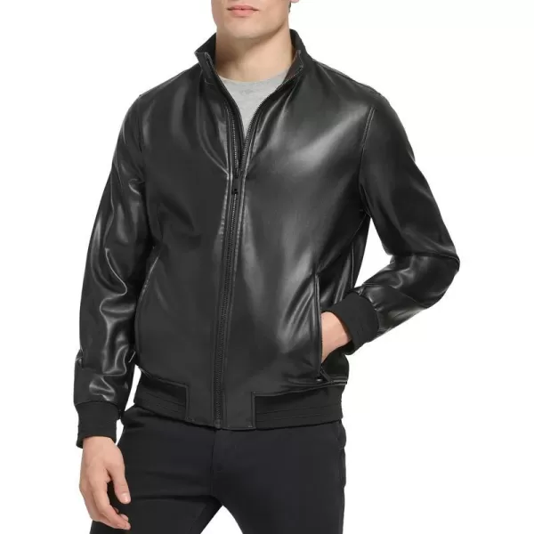 DKNY Mens Modern Knit Collar Bomber JacketBlack Smooth Lamb