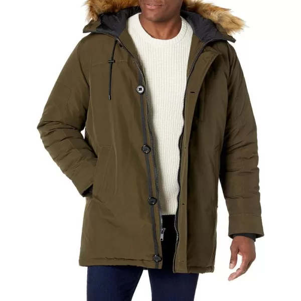 GUESS mens Heavyweight Hooded Parka Jacket With Removable Faux Fur TrimOlive