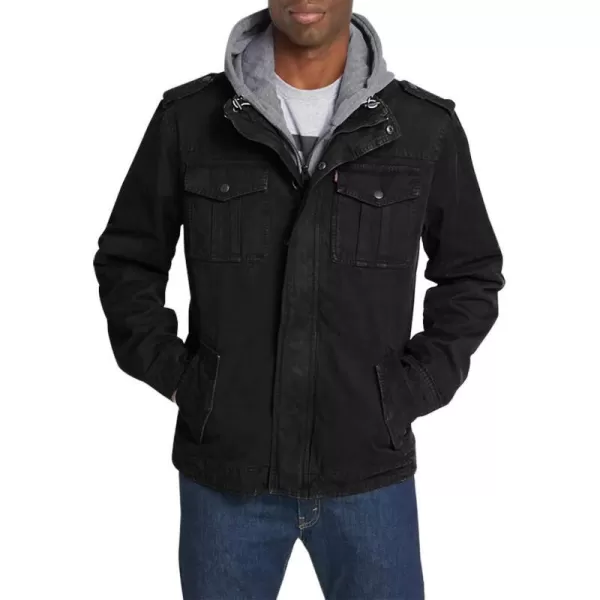 Levis Mens Washed Cotton Hooded Military Jacket Regular  Big  Tall SizesBlackQuilted Lining