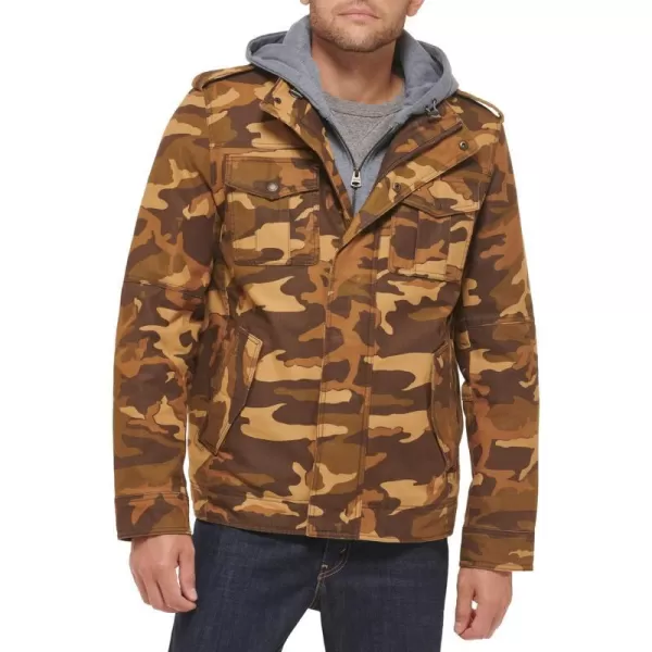 Levis Mens Washed Cotton Hooded Military Jacket Regular  Big  Tall SizesBrown CamoSherpa Lined