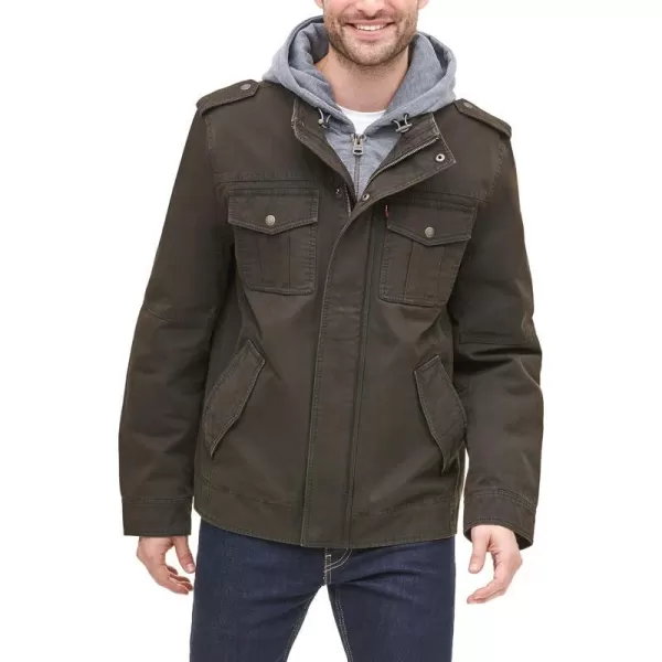 Levis Mens Washed Cotton Hooded Military Jacket Regular  Big  Tall SizesDark BrownQuilted Lining