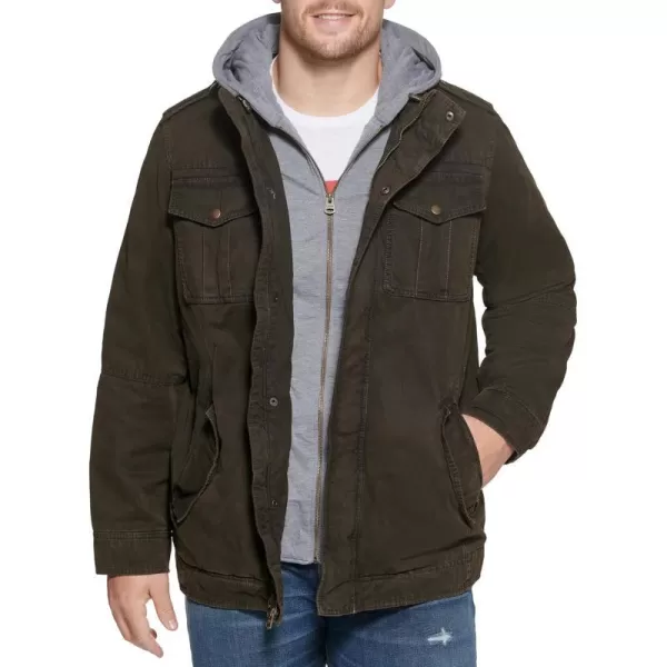 Levis Mens Washed Cotton Hooded Military Jacket Regular  Big  Tall SizesDark BrownSherpa Lined