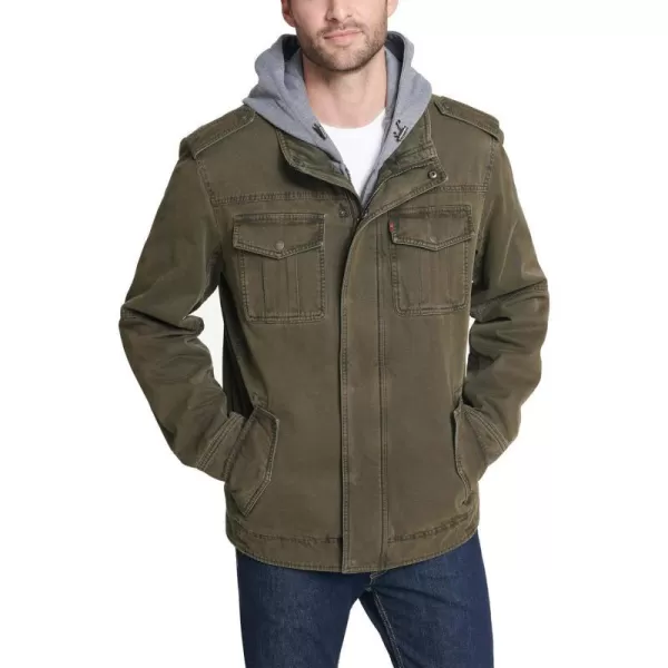 Levis Mens Washed Cotton Hooded Military Jacket Regular  Big  Tall SizesOliveQuilted Lining