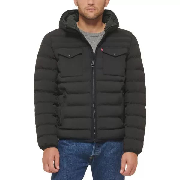 Levis Mens Water Resistant Performance Stretch Hooded Puffer JacketBlack