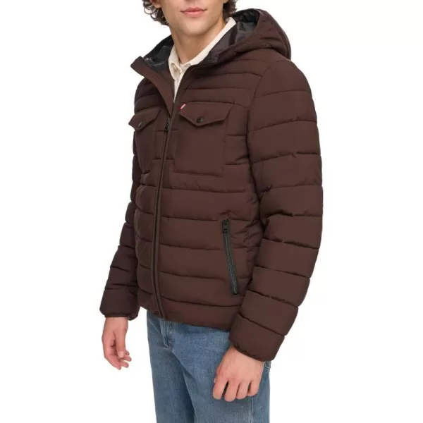 Levis Mens Water Resistant Performance Stretch Hooded Puffer JacketDark Brown