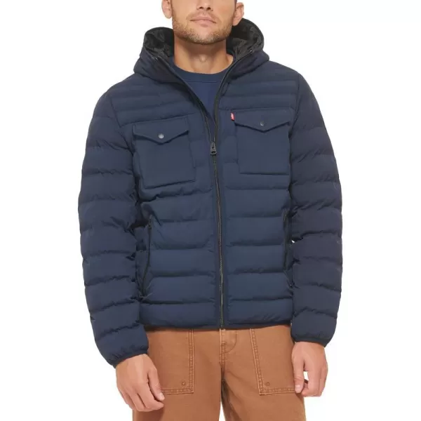 Levis Mens Water Resistant Performance Stretch Hooded Puffer JacketNavy