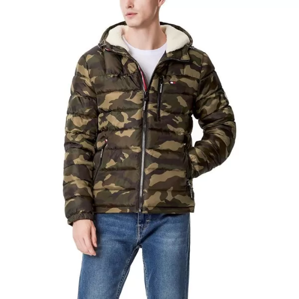 Tommy Hilfiger Mens Midweight Sherpa Lined Hooded Water Resistant Puffer JacketCamouflage