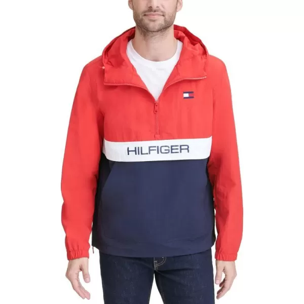 Tommy Hilfiger Mens Retro Lightweight Taslan Hooded Popover Water Resistant Windbreaker JacketRedNavy Color Block