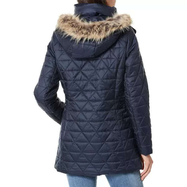 Marc New York by Andrew Marc womens Chevron Quilted Down Jacket with Removable Faux Fur HoodNavy  Removable Hood
